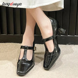 Mary Janes Shoes Women 2024 Spring Pumps Square Toe Chunky Heel Leather Shoes Women Classics Elegant Mid-heel High