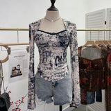 Quality Explosion Fang Lace Splicing Tie-Dye Mesh Long Sleeve Tight Babes With Chest Pads Short Top