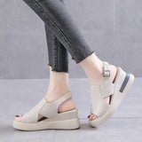 Summer Women Wedge Heeled Pu Leather Sandals Cross Strap Korean Style Casual Shoes Ladies Open Toe Solid Buckle