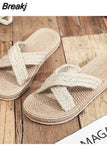 Cross Band Women Slide Sandals Beach Hemp Rope Slides Espadrille Flip Flops Two Straw Straps Shoe Female Beach