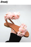 Summer Flat Sandals Women Flowers Handmade Beaded Rhinestones Pearl Lady Plus Size 43 Comfortable Sweet Women's