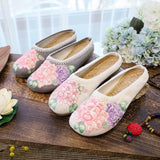 Breakj Single Slippers / Cotton Slippers Linen Peony Embroidered Round Head Flat Cloth Shoes Sandals Embroidered Women's