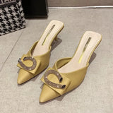 New Women Slippers Mules Pointed Toe Rubber Metal Chains Outsole Slides Footwear Fashion Casual Lady High Heels