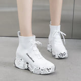 Breakj Woven Elastic Small White Shoes Female 2023 Spring And Autumn New Build Newspaper Bottom High Top Shoes High Heel Cake Sock Shoes