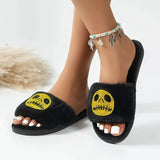 2023 New Halloween Furry Slippers Women Crystal Decor Flat Heel Plush Slippers Woman Non Slip Soft House Slides