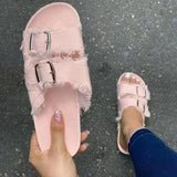 Summer Women Fashion Canvas Cork Slippers Casual Double Buckle Tassel Clogs Slides Non-slip Outside