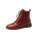 Women Shoes Genuine Leather Ankle Boots Thick Low Heel Short Boots Round Toe Zipper Lady Footwear Autumn 33-40 Wine