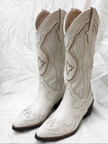 White Cowboy Western Knee High Boots Design Chunky Heel Pointed Toe Slip On Autumn Long Boots Ridding Casual