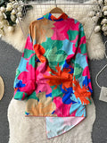 New Spring Fashion Women's Shirt Dress Multi-color Print Turn-down Collar Long Sleeve Sash Bow-tied Buttons Short