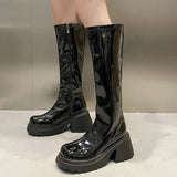 Platform Long Boots Women Patent Leather Thick High Heels Punk Shoes Woman 2023 Autumn Winter Short Plush Knee High