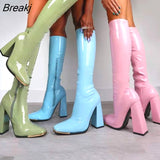 Boots Square Heel Knee-High Classic Square Toe Boots PU Leather Zip Boots Party Dress Dance Shoes Botas De