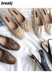 Slingback Sandals Women Slip On Mule Shoes Women Round Toe Low Heel Shoes Brand Shallow Pleated Sandal Elegant Mules