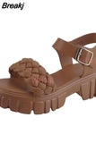 Ladies Leather Sandals 2023 New Summer Rhombus Plaid Sandals Casual Buckle Flat Platform Platform Sandals for