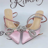 Pointed Toe Rhinestone Pumps Women Crystal Ankle Strap High Heels Sandals Female 2023 Summer Silk Satin Wedding Shoes