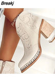 Leather Women Ankle Boots Low Heel Cool Shoes British Embroidered Design Short Party Footwear Chaussure