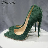 Green Tassel Distressed Fabric Stiletto High Heels Designer Chic Ladies Sexy Pumps Pointy Toe Dress Shoes Plus