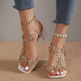 Women Sandals 2023 Summer Crystal Flower Decoration Chunky Heel Peep Toe Back Strap Elastic Band Elegant Fashion Women's