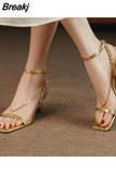 Women's Shoes 2023 Brand Square Toe Gladiator Sandalias Summer Chain Gold High Heels Women's Sandals Fashion Party female