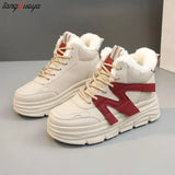 Women Letter Pattern Winter Fleece-lined Thermal Chunky Sneakers Non-slip Thick Soled Sports Sneakers platform cotton