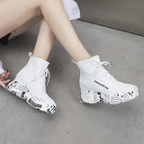 Breakj Woven Elastic Small White Shoes Female 2023 Spring And Autumn New Build Newspaper Bottom High Top Shoes High Heel Cake Sock Shoes