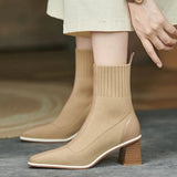 Spring and Autumn New Knitted Wool Socks Boots Women's Square Head Thick Heels Thin Comfortable Nude Boots