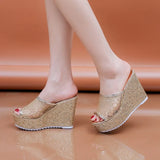 Golden Women Slippers Summer Shoes Platform 4cm Outside Fitting-room 11cm High Heels Wedges Solid Mesh Female Sliver