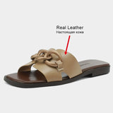Size 32-43 Women Slippers Indoor House Real Leather Flats Shoes Woman Summer 2023 Fashion Chain Low Heels Slides