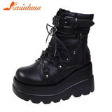 Women's Punk Gothic Platform Wedge Ankle Boots 2023 Hot Sale Round Toe Lace Up Buckle Strap Short Boots Side Zipper Female
