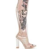 Furtado 2022 Spring Summer Clear Rainboots Pointed Toe Crystal Chunky Heels Stiletto Heels Over The Knee Transparent