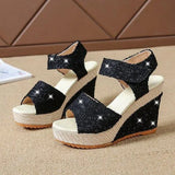 New Summer Lace Denim Women's Black Platform Sandals High Heels Women's Shoes Open Toe Espadrilles Comfortable