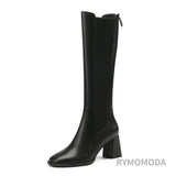High Boots Women 2022 Winter Warm Handmade High Quality Split Cow Leather ZIP Brown Black Block High Heels Long Boot