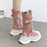 Canvas Chunky Platform Motorcycle Boots Women Zip Thick Bottom Combat Boots Woman Autumn Winter Punk Mid Calf Botas