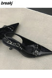 Slingback Sandals Women Med Heels Pumps Rivet Shoes Elegant Pointed Toe Female Mules Dress Slides Denim Sandalias