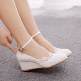 Queen White Lace Women Wedges Platform 5CM High Heels Ankle Strap Ladies Pumps Office Party Dance Wedding