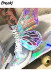Wings Women Shoes Shine Silver Leather Flat Sneakers Lace Up Women's ankle boots high-top Leisure Platform Shoes