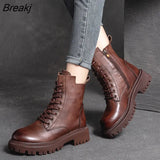 Leather Shoes Women Boots Zip Round Toe Flat With Handmade Concise Leisure Sewing Platform