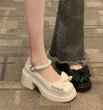Jane Shoes 2024 Spring New Fashionable Bowknot Thick-Heeled Round Head Retro Sweet Single