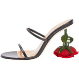 Rose Heels Strap Slippers Women Elegant Red Flowers High Heels Sandals 2022 Summer French Ankle Wrap Open Toe