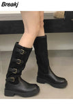 High Heels Women Mid Calf Boots 2023 Hot Punk Gothic Knee High Motorcycles Boots Buckle Comfy Walking Boots Autumn