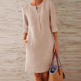 2020 Winter Autumn Button Cotton Linen Dress women Elegant O-Neck Knee length Long Sleeve Pocket Solid Dress Plus Size