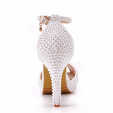 Queen Women Summer Sandals Sexy Bride Wedding Party White Shoes Peep Toe Thick High Heels Beige Pearl Platform
