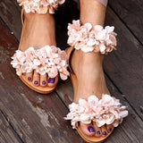 Summer Flat Sandals Women Flowers Handmade Beaded Rhinestones Pearl Lady Plus Size 43 Comfortable Sweet Women's
