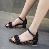 Buckle Ladies Sandals Pleated Square Heel Round Toe Fashion Shoes 2023 New Large Size Ladies High Heel
