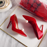 Spring and Autumn New Fashion Pointed Leather Face Pearl Solid Fine Heel Outwear High Heel Single Shoes Shallow Toe