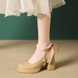 Breakj Jane Shoes In The Spring Of 2024 New Bow Pearl With High Heels Fairy Wind Coarse Single
