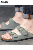 New Summer Men Beach Suede Cork Slipper Couple Shoe Casual Nubuck Leather Women Outdoor Double Buckle Slide