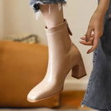 Breakj Zi Yan Paint Leather Martin Boots Women's High Heel 2023 Autumn And Winter New Square Head Thick Heel Single Boots Show Thin Short Leg