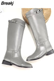Sexy Women Motorcycle Booties Belt Strap Metal Shark Lock Flat Heel Knee High Boots Woman Genuine Leather Botas