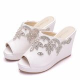 Queen Silver Rhinestone Peep Toe Platform Wedges High Heels Slippers Beach Sandals For Women Wedding
