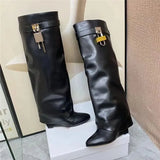 Buckle Women High Knee Boots Large Size High Heels Designer Shoes British Style Denim Wedges Knight Boots For Women